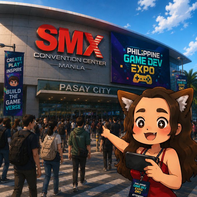 An illustrated scene of the SMX Convention Center in Pasay City hosting the 'Philippine Game Dev Expo', with a cat-eared anime-style character holding a controller in the foreground.