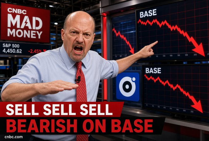 The image shows Jim Cramer on CNBC's "Mad Money" set with an animated, urgent expression, pointing at two large monitors displaying steeply declining red charts labeled "BASE," while a graphic below reads "SELL SELL SELL BEARISH ON BASE," visually reinforcing the post's bearish sentiment toward Base stock.