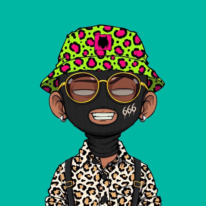 A digital illustration of a cartoon monkey character wearing a green and pink leopard print bucket hat, gold-rimmed sunglasses, and a black ski mask with '666' on it, set against a teal background.