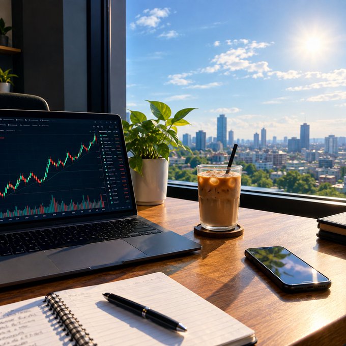 A laptop displaying a candlestick stock chart sits on a wooden desk beside an iced coffee, a potted plant, a smartphone, and an open notebook, with a city skyline visible through the window.