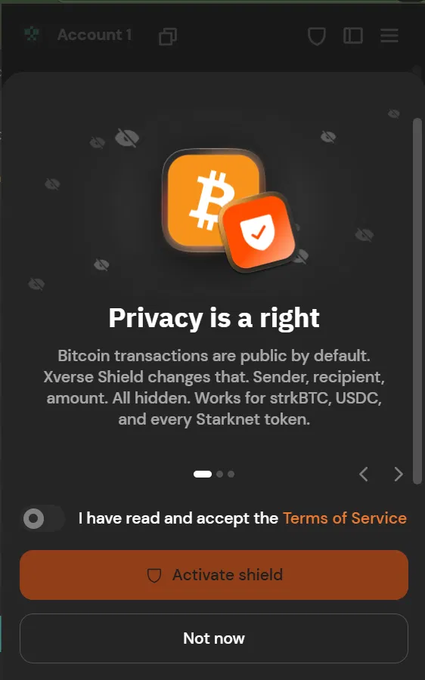 The image shows Xverse wallet's "Xverse Shield" privacy feature screen titled "Privacy is a right," explaining that it hides sender, recipient, and amount for strkBTC, USDC, and Starknet tokens, with options to "Activate shield" or "Not now." This relates to the post's narrative of exploring how Xverse protects privacy when bridging to Starknet before committing funds.