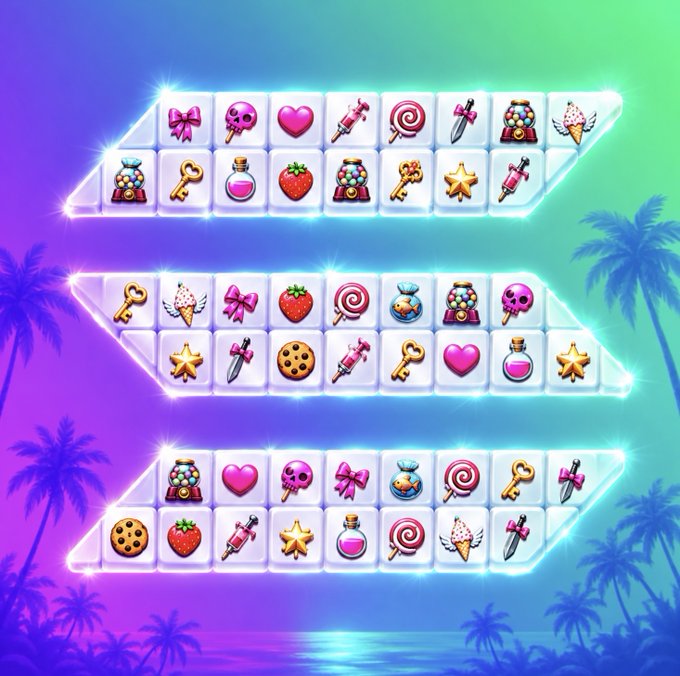 Colorful mobile game screenshot displaying a match-3 puzzle with candy and item icons (skulls, hearts, lollipops, keys, potions, gummy bears) arranged in three rows of arrows against a tropical neon sunset background.