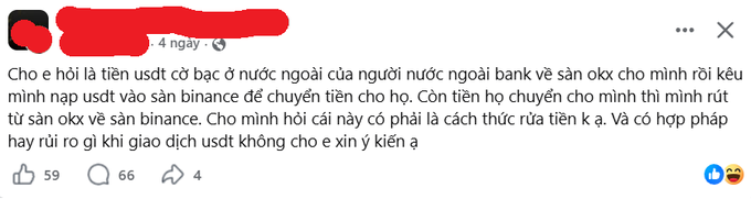 A Vietnamese social media post asking about a method for transferring USDT through foreign bank accounts via OKX and Binance exchanges, questioning if it's legal money laundering and how to avoid account suspension.