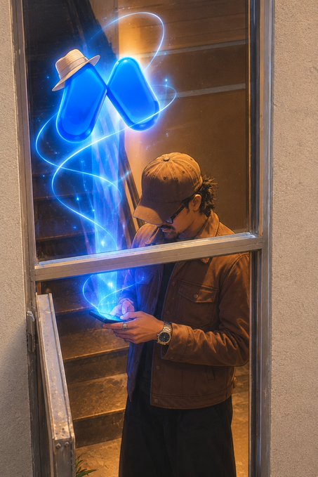 A man in a cap and brown jacket looks at his phone while glowing blue holographic objects float above it, with one figure wearing a small hat.