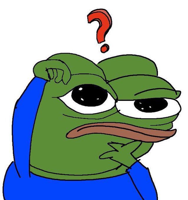 A cartoon illustration of the "Pepe the Frog" character looking confused or contemplative, scratching his head with a red question mark floating above him.