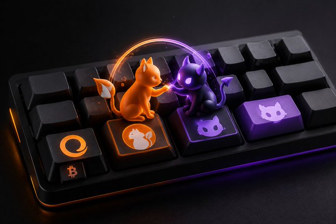 Two stylized cat figures—one orange and one purple—face off atop custom keycaps, with a glowing arc connecting them as their paws touch. The keycaps feature cat silhouettes and a "B" symbol, visually representing the partnership between CAT-721 programmable assets and Clawchat's on-chain social activity described in the post.