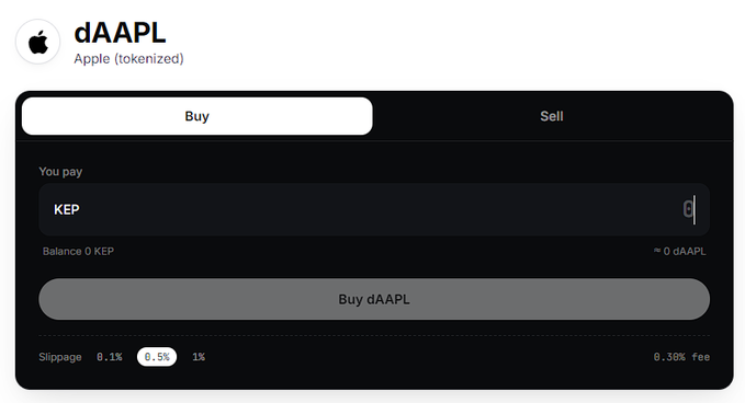 The image shows a trading interface for "dAAPL" (Apple tokenized), with a Buy/Sell toggle currently set to Buy, allowing users to purchase tokenized Apple stock using KEP tokens, displaying a 0 KEP balance and a "Buy dAAPL" button. This visual supports the post's claim about Kepto enabling on-chain trading of tokenized stocks like Apple using $KEP while earning dividends.