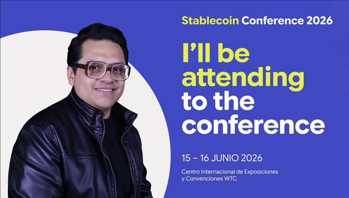 The image features a man wearing glasses and a leather jacket, standing against a white background with blue text that reads "I'll be attending to the conference 2016" and "Centro Internationale Expansión Y Científicos". The man is smiling at the camera, giving off an air of enthusiasm for the upcoming event.

The image also includes a caption below the man's photo, which provides additional information about the conference. This text reads: "Nos vemos pronto en la Stablecoin Conference 2016 de @bitso. Me interesa conocer más Fintechs y proveedores de pagos que están moviendo stablecoins en serio, + builders de infraestructura financiera en LATAM y founders y equipos de growth en cripto que estén en etapa de la conferencia".