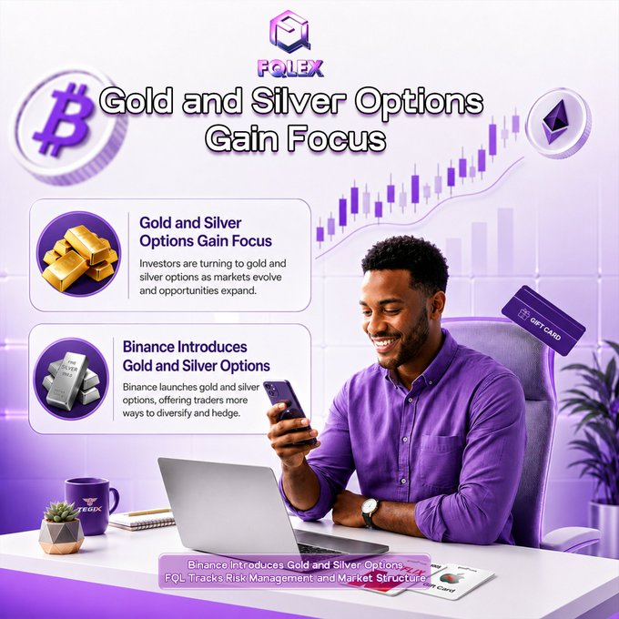 The image is a promotional graphic for FQL Exchange titled "Gold and Silver Options Gain Focus," featuring a smiling man checking his phone at a desk with a laptop and coffee mug. The graphic highlights two key points: "Investors are turning to gold and silver options as markets evolve and opportunities expand," and "Binance launches gold and silver options, offering traders more ways to diversify and hedge," with Bitcoin and Ethereum logos framing the design and a footer noting "Binance Introduces Gold and Silver Options: FQL Tracks Risk Management and Market Structure."