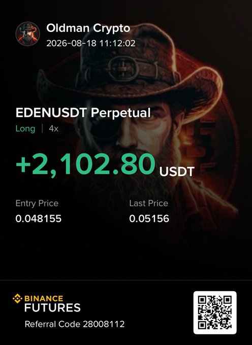 A trading screenshot from "Oldman Crypto" showing a profitable long position on EDENUSDT Perpetual with +2,102.80 USDT gain (entry at 0.048155, last price 0.05156), visually supporting the post's claim of a successful reload timed near $0.048x with a Binance Futures referral code (28008112) displayed.