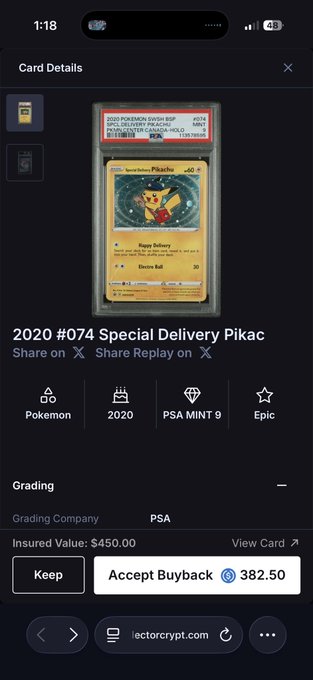 A mobile app screen shows Card Details for a graded Pokemon card: '2020 #074 Special Delivery Pikachu', PSA MINT 9, with an insured value of $450.00 and a buyback option of $382.50 from collectorcrypt.com.