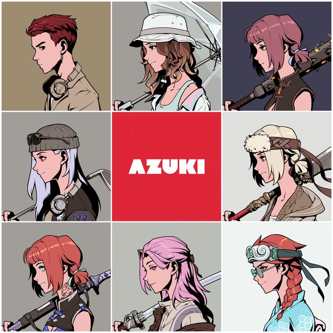 Azuki NFT collection promotional artwork displaying a 3x3 grid of eight anime-style character profile portraits surrounding the red Azuki logo in the center.