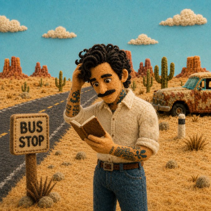A whimsical claymation-style scene of a mustachioed man with curly hair reading a small book while standing at a 'BUS STOP' sign in a desert landscape with cacti, rock formations, and a rusted truck.