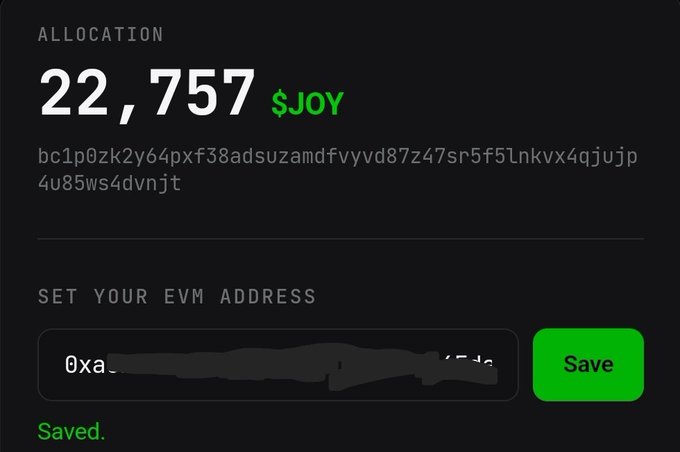 A digital interface showing an allocation of 22,757 $JOY tokens with a wallet address and a field to set an EVM address.