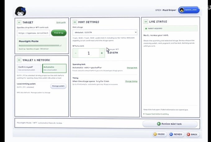 A screenshot of the 'Maid Sniper' NFT minting tool, showing sections for Target, Mint Settings (WhiteList: 0.01 ETH), Wallet & Network, and Live Status, with the target identified as Moonlight_Maids.