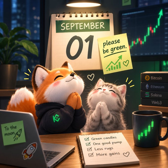 Two adorable cats—one wearing a hoodie, the other beside it—sit with paws clasped in prayer at a desk on September 1st, beneath a sticky note that reads "please be green." while a checklist wishes for "Green candles," "One good pump," "Less rugs," and "More gains," perfectly capturing the hopeful, playful plea that September won't embarrass crypto traders.