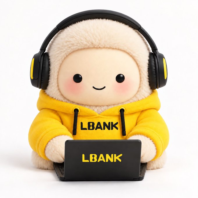 A fluffy cream-colored mascot character wearing a bright yellow hoodie with "LBANK" printed across the chest and large black-and-yellow headphones sits happily behind a black laptop also displaying the "LBANK" logo. The cheerful, cozy scene perfectly complements the "GM LBankers" weekend greeting, reinforcing a warm, relaxed vibe that matches the message to "stay cozy, stay locked in."