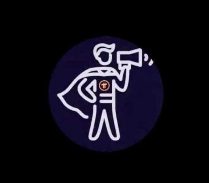 A stylized white line drawing of a superhero figure with a cape, holding a megaphone, is set against a dark blue circular background, featuring a small Pi (π) symbol on the chest. The image cleverly merges the iconic shape of a superhero with the Pi symbol, reinforcing the post's message about interconnectedness and the hint that the symbol represents a well-known figure in the community.