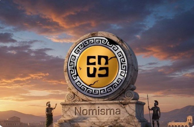 A digital artwork depicting an ancient Greek/Roman coin monument labeled 'Nomisma' featuring an abstract symbol, flanked by two warrior statues against a dramatic sunset sky.