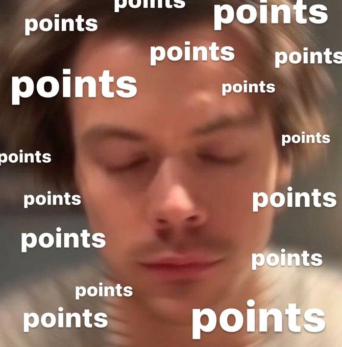 A meme featuring a man with closed eyes surrounded by the word 'points' repeated all around his face.