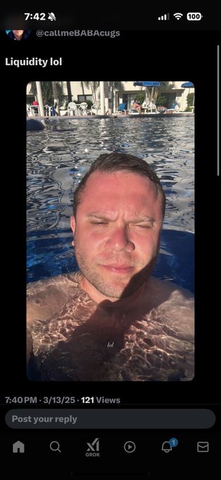 A X/Twitter post by @callmeBABAcugs captioned 'Liquidity lol' showing a man's face partially submerged in swimming pool water, posted at 7:40PM on 3/13/25 with 121 views.