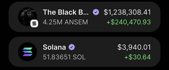 The image shows a crypto portfolio with two holdings: "The Black B..." (ticker $ANSEM) at $1,238,308.41 (+$240,470.93) with 4.25M ANSEM, and Solana at $3,940.01 (+$30.64) with 51.83651 SOL. This portfolio screenshot aligns with the post celebrating a massively profitable $ANSEM position, illustrating the author's vindication after buying the token at a ~$150M market cap—evidenced by the substantial six-figure gain shown in green.