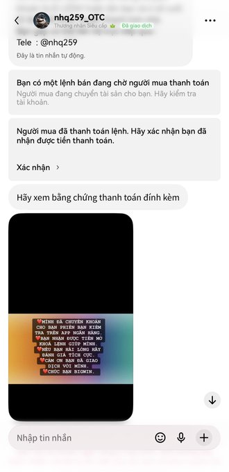 A Vietnamese chat screenshot shows a transfer confirmation from "Tele : @nhq259," with messages warning the seller to verify payment and a black video preview containing Vietnamese banking details.