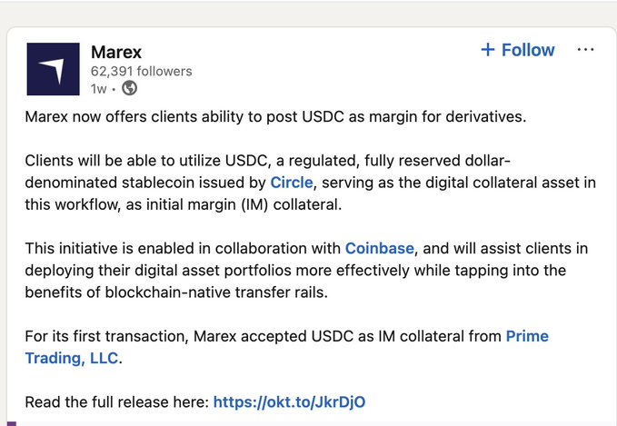 A LinkedIn post from Marex announcing that they now offer clients the ability to post USDC as margin for derivatives, in collaboration with Circle and Coinbase, with Prime Trading, LLC as their first transaction partner.