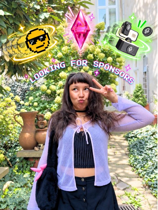 A young woman with dark hair and bangs poses with a peace sign in a garden setting, wearing a purple cardigan, with a digital overlay reading 'LOOKING FOR SPONSORS' alongside pixel art graphics of a Saturn planet and a camera.