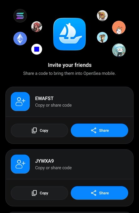 A mobile screenshot of an 'Invite your friends' screen from OpenSea, featuring the app's sailboat logo. Two invitation codes are displayed: 'EWAFST' and 'JYWXA9', each with 'Copy' and 'Share' buttons.