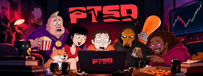 A cartoon-style illustration of a group of diverse characters watching a laptop displaying the 'PTSD' logo in a dimly lit room, with a declining red line graph shown on a TV screen in the background.