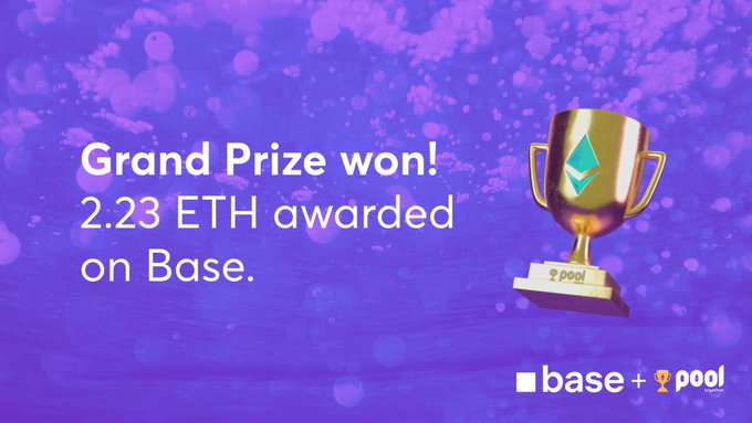 The image features a gold trophy sitting atop a blue background, surrounded by bubbles. The text above the trophy reads "Grand Prize won! 2.23 ETH awarded on Base. Keep your money if you don't win." This suggests that the trophy is related to an event or competition involving cryptocurrency, and the person who won it has achieved something significant in the world of blockchain technology.