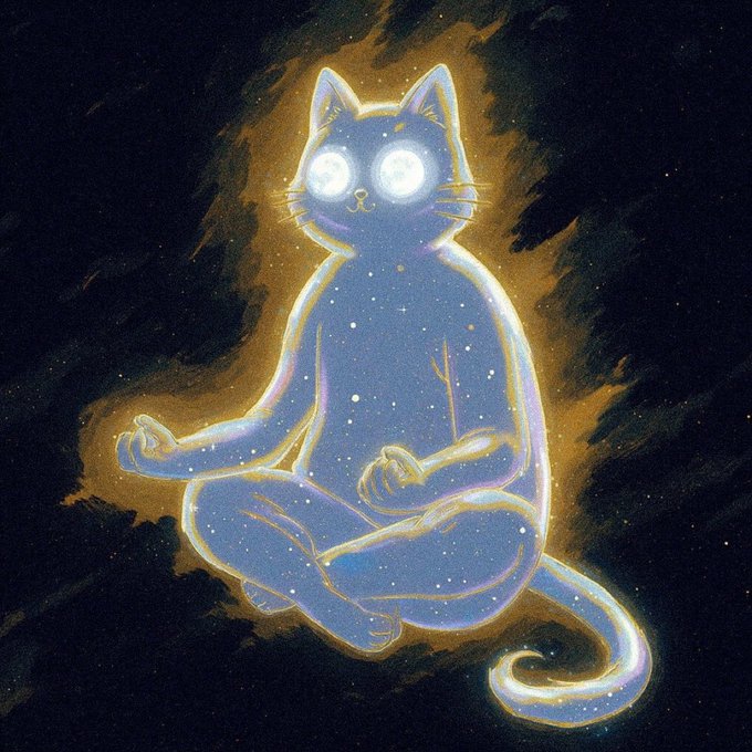 An artistic illustration of a glowing, translucent cat-like figure sitting in a meditative lotus pose with starry, luminous eyes against a dark cosmic background.