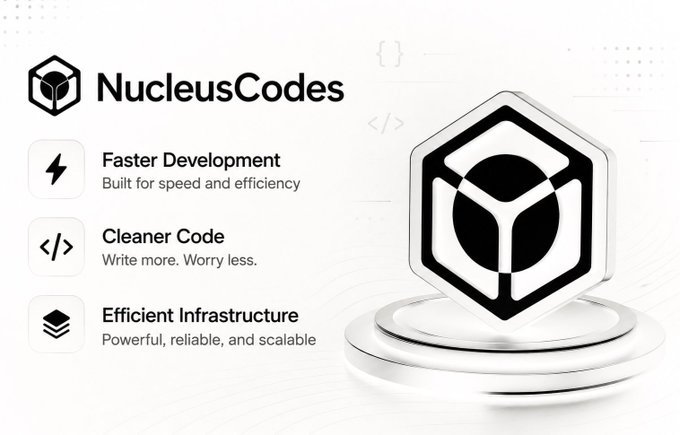 A promotional graphic for 'NucleusCodes' featuring a black hexagonal logo with a cube design, listing three benefits: 'Faster Development - Built for speed and efficiency', 'Cleaner Code - Write more. Worry less.', and 'Efficient Infrastructure - Powerful, reliable, and scalable'.