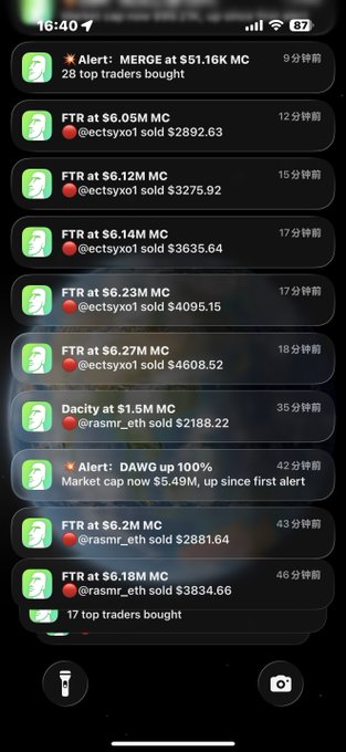 A smartphone notification panel showing multiple crypto alerts including 'MERGE at $1.16K MC', various 'FTR at' market cap alerts from user @ectsyxo1 with sell amounts, and a 'DAWG up 100%' alert from @rasmr_eth.