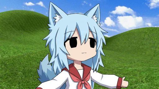 An anime-style character with light blue hair, fox ears, and a red neckerchief standing against a backdrop of green rolling hills and a blue sky.