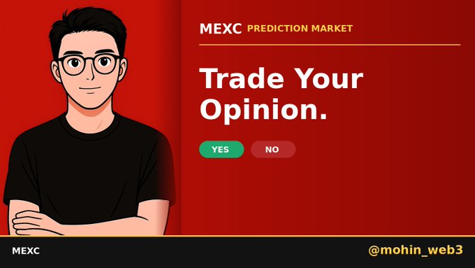 A cartoon avatar of a bespectacled man alongside promotional text for "MEXC PREDICTION MARKET — Trade Your Opinion" with YES/NO buttons, supporting a testimonial-style post recommending MEXC as the author's go-to crypto exchange.