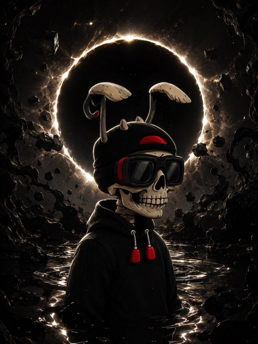 A digital illustration of a skull wearing a black hoodie and red-accented goggles, with rabbit ears, set against a dark background featuring a glowing solar eclipse.