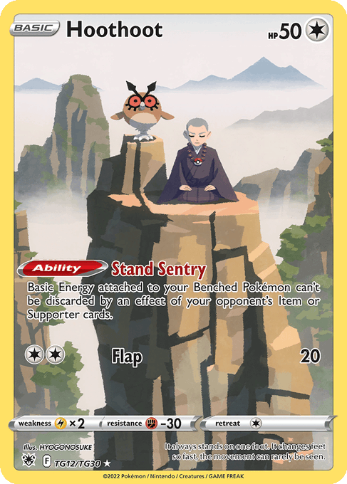 The image is a Pokémon trading card featuring Hoothoot (HP 50) perched on a rocky outcrop beside a meditating figure in robes, set against a misty mountain landscape. The card is from the Astral Radiance Trainer Gallery set (TG12/TG30), illustrated by Hyogonosuke, and showcases Hoothoot's "Stand Sentry" ability and "Flap" attack. It relates to the post as a serene Trainer Gallery card with calming artwork, fitting the "Day 30 of Pokémon bird card of the day" series.