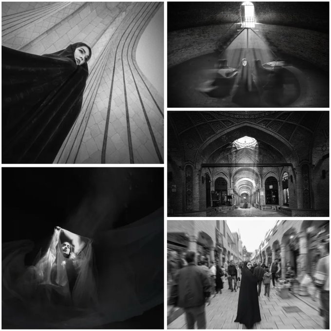 A black-and-white collage of five artistic photographs featuring a woman in dark flowing garments in various moody, motion-blurred settings including tiled floors, a bazaar, and an arched architectural interior.