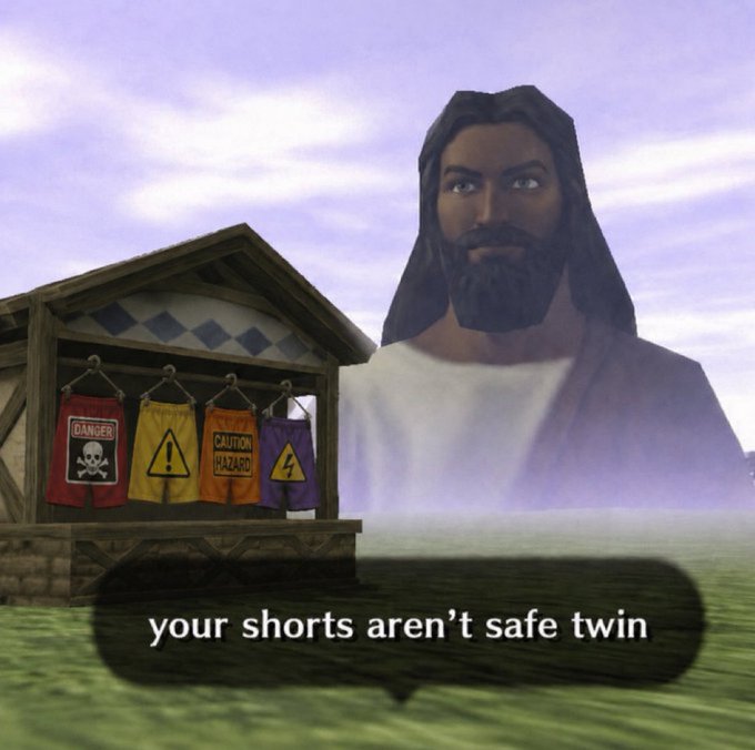 The image features a mannequin head with a beard, standing next to a building that has a sign hanging from its roof. The sign displays various warnings about potential hazards or dangers associated with the building. In the bottom right corner of the image, there is text that reads "your shorts aren't safe twin". This message seems to be part of an advertisement or warning related to the mannequin head and the building's safety features.