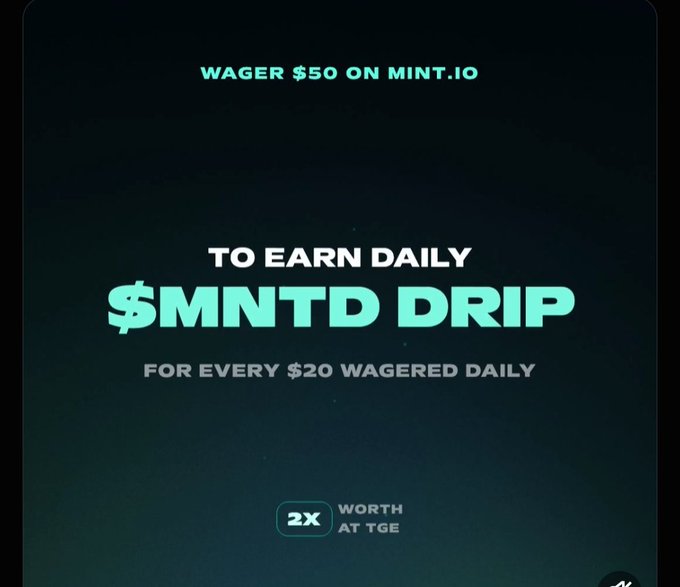 A promotional graphic reading 'WAGER $50 ON MINT.IO TO EARN DAILY $MNTD DRIP FOR EVERY $20 WAGERED DAILY,' with a '2X WORTH AT TGE' badge.
