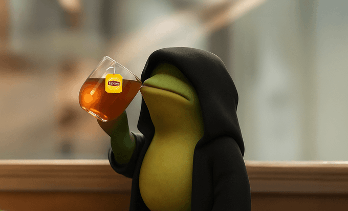 A 3D rendered image of a frog wearing a black hooded robe, drinking Lipton tea from a glass cup.