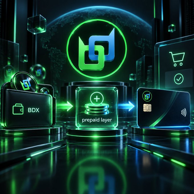 A futuristic 3D digital graphic featuring a green and blue 'b' logo above a 'prepaid layer' icon, connecting a 'BDX' wallet to a Visa credit card.