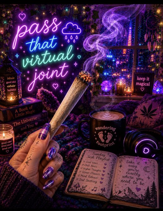 A hand with purple‑glittered nails holds a lit joint beside a neon “pass that virtual joint” sign, a “wanderling footprint” mug, a “Sunday Sesh Playlist” notebook, and cozy books like “A Book of Little Magic,” all bathed in twinkling lights that echo the “Good Vibes ONLY” XRPL Sunday Sesh starting at 10 am EST.