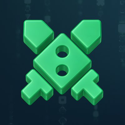 A glossy green 3D geometric emblem appears centered on a dark blue background.