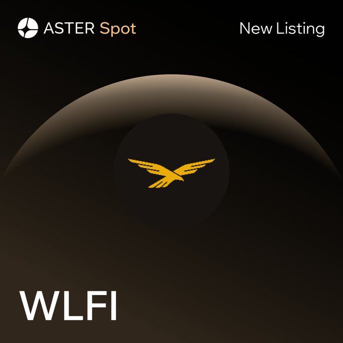Aster Spot announces a new listing featuring a golden eagle emblem with the ticker "WLFI," accompanied by the text "New Listing" at the top, aligning with the post's announcement of a new WLFI/USD1 spot trading pair.