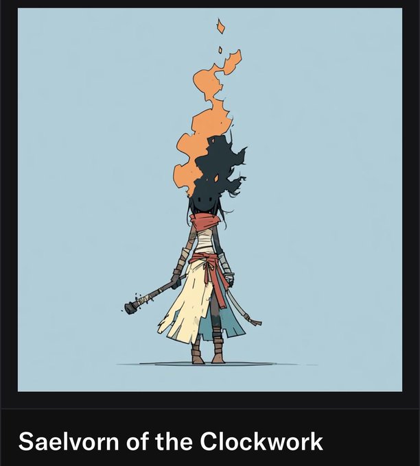 An illustrated character card titled 'Saelvorn of the Clockwork' depicting a figure in desert garments whose head is engulfed in stylized orange flames, holding a small hammer.