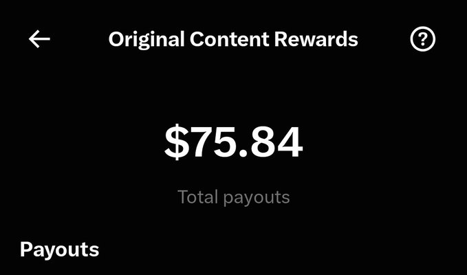 A mobile app screen titled 'Original Content Rewards' displays a total payout amount of $75.84 on a black background.