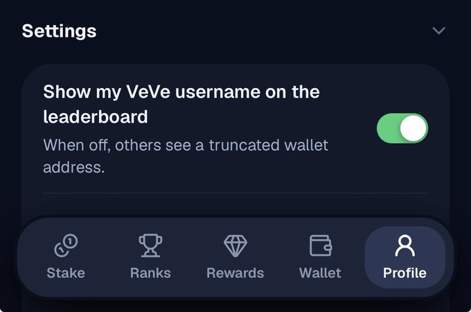 A mobile app settings screen showing a toggle switched on for 'Show my VeVe username on leaderboard,' with navigation tabs for Stake, Ranks, Rewards, Wallet, and Profile at the bottom.